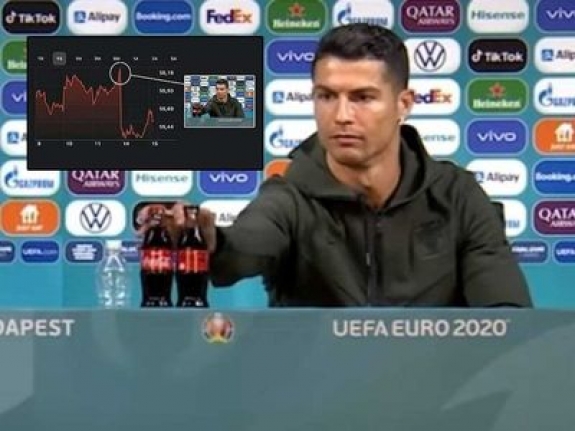 Cristiano Ronaldo'nun basın toplantısında iki Coca Cola şişesini önünden kaldırıp "Su için" demesiyle ünlü içecek firması, toplamda 4 milyar dolarlık bir değer kaybına uğradı.